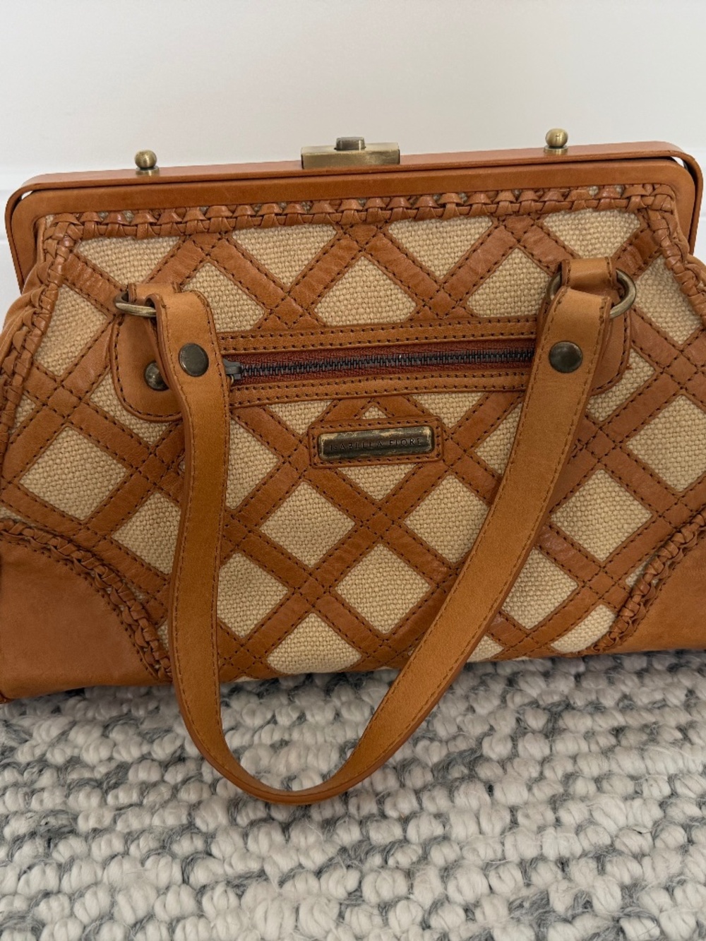 Isabella Fiore Lattice Beaded Satchel, 12x9x5”, Brown leather